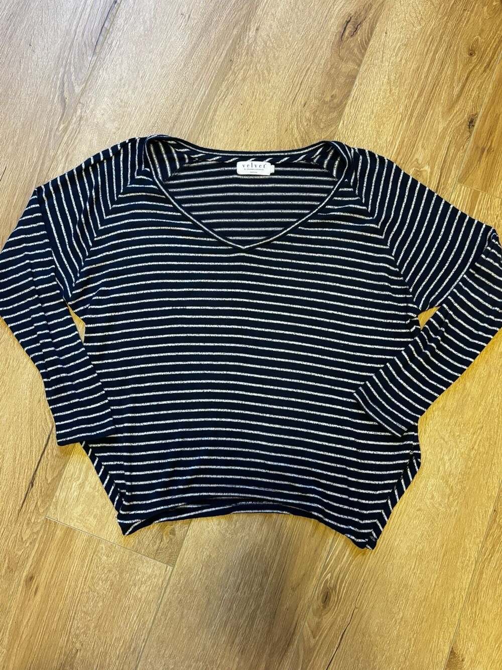 Velvet by Graham & Spencer Striped V-Neck Slub Knit Long Sleeve Top